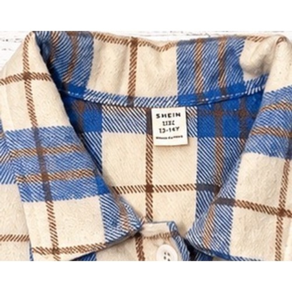 SHEIN Kids Blue Plaid Flannel Button Up Shirt Size 14/16 Youth - Picture 9 of 9